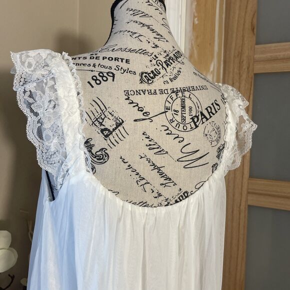 White Sheer Chiffon Lace Trim Nightgown Romantic Bridal Lingerie Slip Dress M - Picture 7 of 9